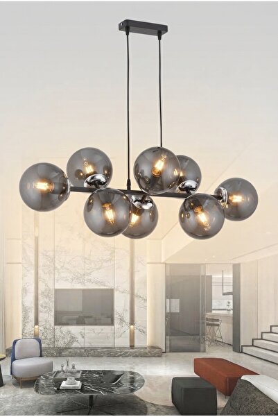 avimonaydınlatma CROSS 8'Lİ KROM - SİYAH FÜME GLOB CAMLI MODERN SARKIT AVİZE ...