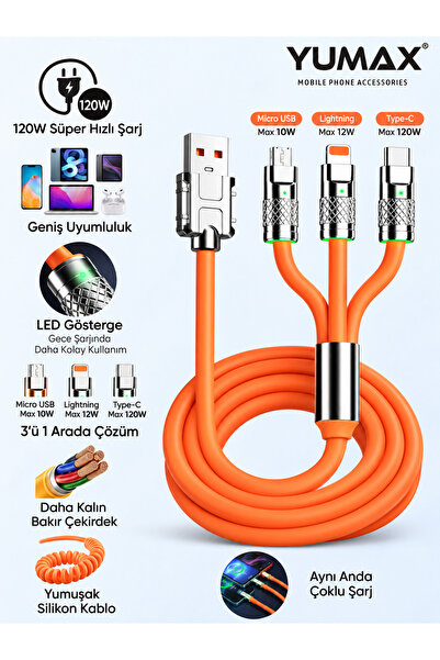 yumax 120W 3in1 Hızlı Şarj Kablosu 6A Silikon Type-C Lightning Mikro USB Daya...