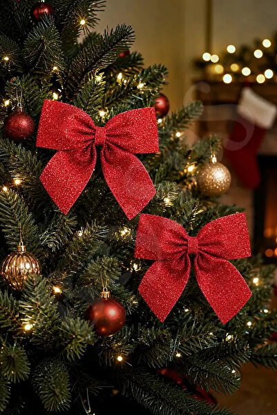 BeySüS Christmas Tree 2-Piece Bow Red Glitter Eva Door and Glass Decoration