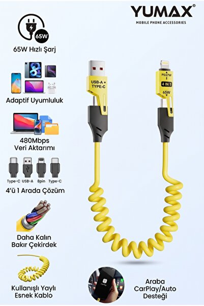yumax 65W 4in1 Çoklu Şarj Kablosu Type-C Lightning - Mikro USB - Android Auto...