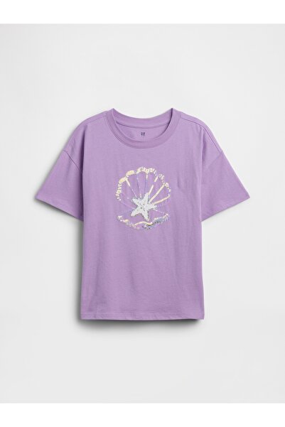 GAP Kız Çocuk Mor Relaxed Grafik Baskılı T-Shirt