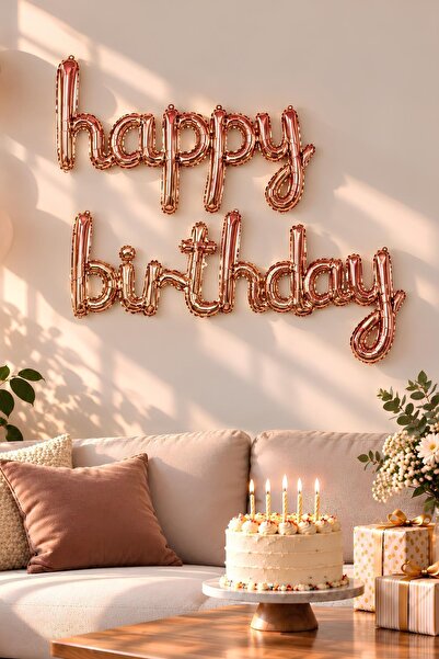 Patladı Gitti El Yazılı 16 İnç Happy Birthday Rose Gold Balon Set