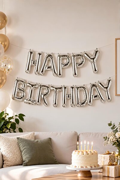 Patladı Gitti Happy Birthday Silver Color Letter Foil Balloon Set