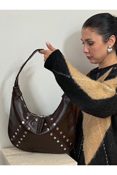 lalettobags Kadın Kahverengi İnci Model Zımba Detaylı Omuz Çantası