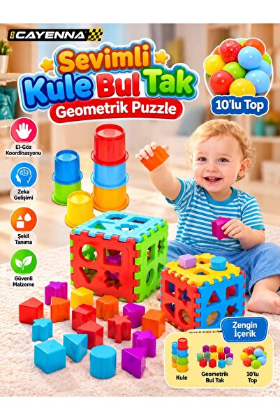 cayenna Oyuncak Sevimli Kule Bultak Geometrik Puzzle 10 Lu Top 24 Parça Eğiti...