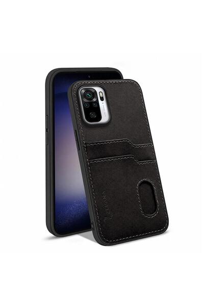Zebana Xiaomi Redmi Note 10 Uyumlu Kılıf Kartlıklı Lüx Deri Kılıf Siyah
