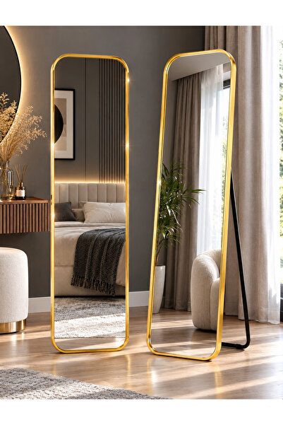 Genel Markalar Lüks Gold Metal Çerçeveli Ayaklı Boy Aynası 42x152 cm - Kırılm...