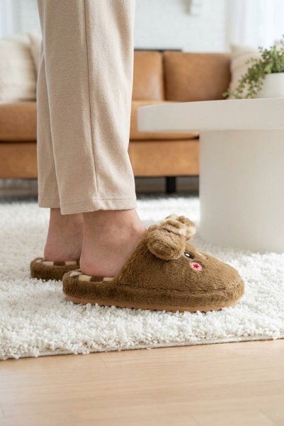 Beyond Kadın Kahverengi Utangaç Tavşan Detaylı Peluş Kışlık Ev Terliği 3 Cm BYNDMTFTAV01