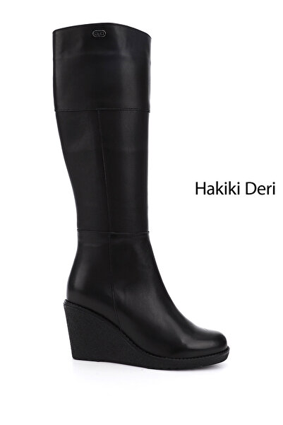 GÖNDERİ(R) Kadın Siyah Fermuarlı Dolgu Topuklu Hakiki Deri Çizme