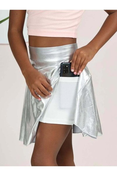 ERDEM KIDS Metallic Shiny Sparkly Shorts Flared Party, Show, Event, Holiday Skirt — Silver
