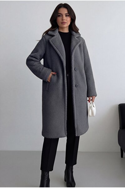ALFUDO Moda Collection Kadın Astarlı Ceplı Peluş Kışlık Füme Kaban