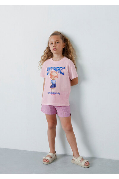 Mavi Kedi Baskılı Pembe Tişört Loose Fit / Bol Rahat Kesim 7610466-91487