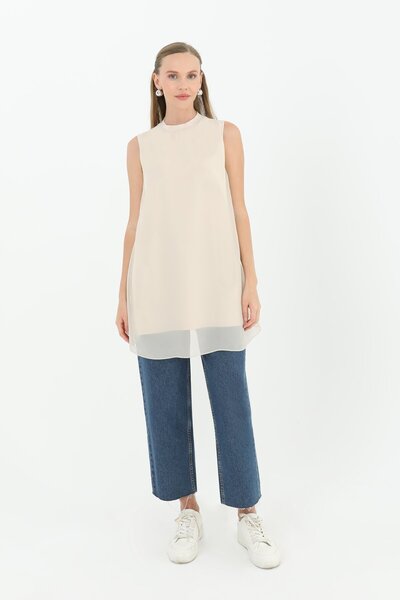 Puane Women's Sleeveless Tulle Detailed Undergarment Tunic - 10270Tun Beige