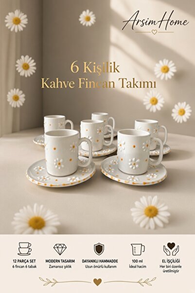 arsimhome Kabartma Papatya Desenli Özel Tasarım El Dekorlu Fincan Takımı Hedi...