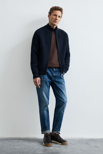 Lufian Ardan Cotton Blend Zippered High Collar Knitwear Cardigan Navy Blue