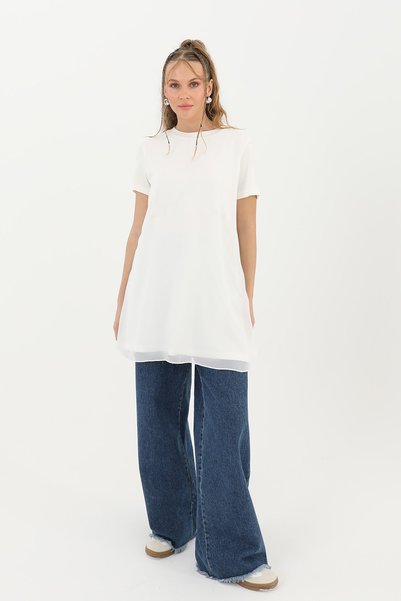 Puane Kadın Basic Uzun T-Shirt -10271TUN Ekru