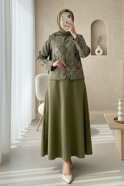 Modamorfo Ethnic Patterned Top Buttoned Scuba Suit - Olive