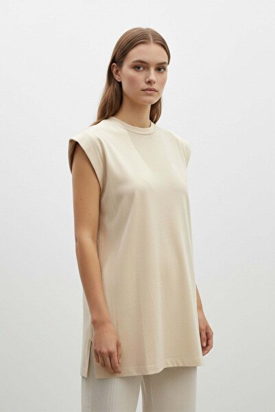 Puane Minimal Kesim Oversize T-Shirt-40016 Bej