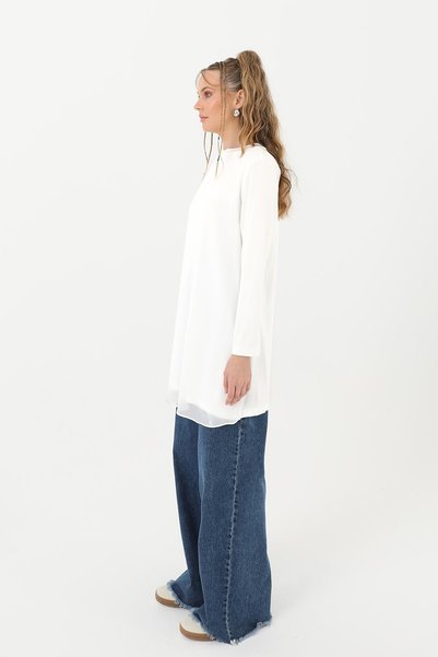 Puane Women's Turtleneck Tulle Detailed Blouse - 10269Tun Ecru