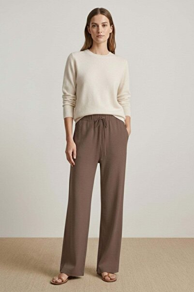 Loreen Kadın Bol Paça Keten Pantolon -20736PNT Kahverengi