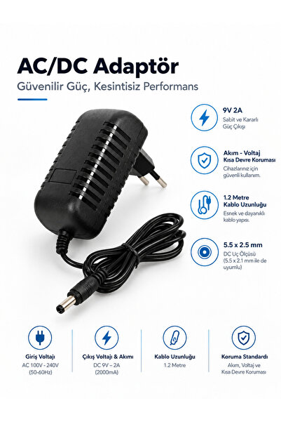 Concord 9V 2A Adaptör – LED, Modem, HDD, Mini Uydu Uyumlu | 5.5*2.5 DC Uç | A...