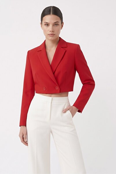 Saade Red Women's Regular Fit Double Breasted Woven Crop Blazer Jacket - Styl...