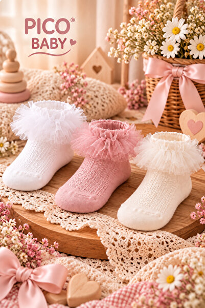 Pico Baby Organik Pamuk Premium 3'lü Bebek Tüllü Çorap / Parfümlü / Yıkamalı ...