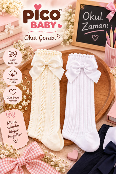 Pico Baby Kız Çocuk Kurdeleli Desenli 2 Çift Dizaltı Okul Çorabı / Yıkamalıdır