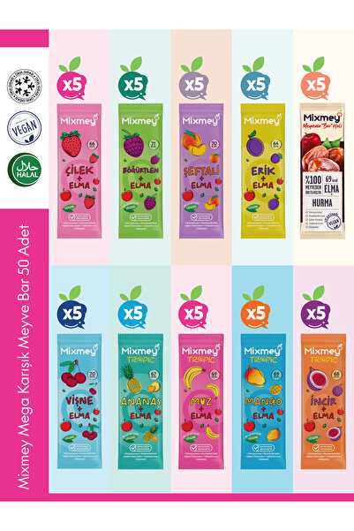 mixmey Mega Karışık Meyve Bar Paketi 50 Adet | Sağlıklı Atıştırmalıklar – Veg...