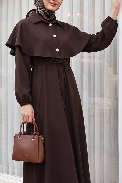 Modamorfo Collared Cape Detailed Belted Elastic Sleeves Crepe Dress -Brown