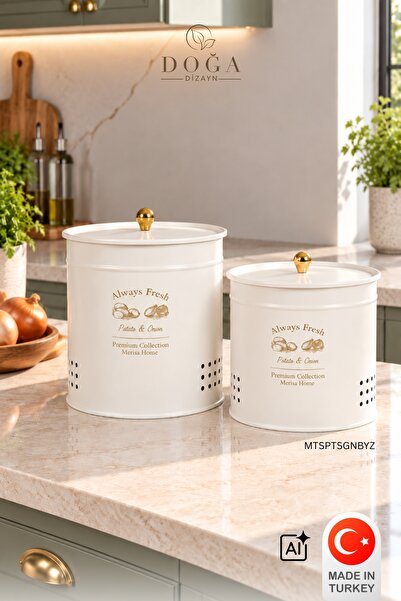 Metes Kitchen Beyaz Renk Metal 2'li Kulbu Gold Kapaklı Soğan, Patates Saklama...