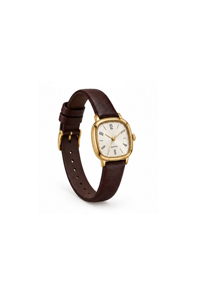 Toz Vintage Cilnar Kahverengi Deri Kayış Gold Kare Kasa Minimal Kadın Vintage...