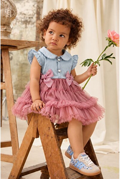 Rocha Baby Kız Bebek Kot Üstlü Kat Kat Tüllü Simli Fiyonklu Prenses Elbise Do...