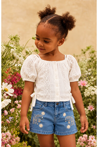 Rocha Baby Girl's White Scallop Blouse and Floral Embroidered Denim Shorts 3-...