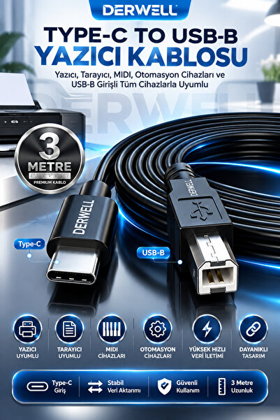 Derwell Type C To Usb Printer Kablo Macbook Hp Canon Dell Samsung Yazıcı Tele...