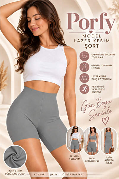 MİSTİRİK Porfy Model Kadın Yüksek Bel Lazer Kesim Toparlayıcı Şort Korse Gri ...