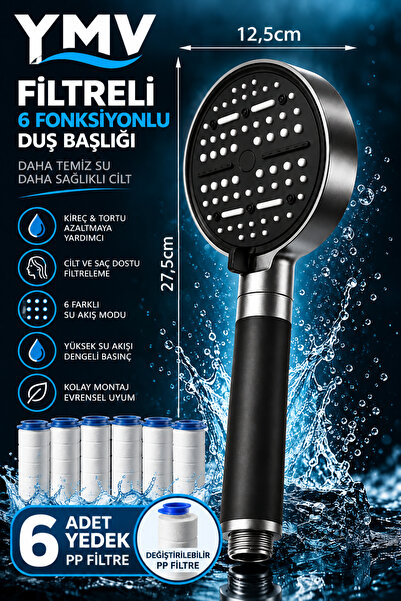 YMV 6 Fonksiyonlu Filtreli Duş Başlığı + 6 Yedek PP Filtre – Silikon Saplı Yü...