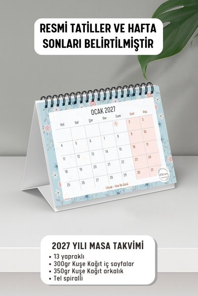 Eldesen Tasarım 2027 Masa Takvimi Spiralli A6 (15x12cm) Orta Boy / Resmi Tatiller ve Hafta Sonları / 12 Aylık