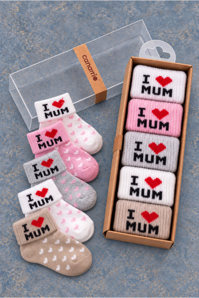 Rocha Baby مجموعة من 5 جوارب قطنية للفتيات الصغيرات مطبوع عليها I Love Mum ون...