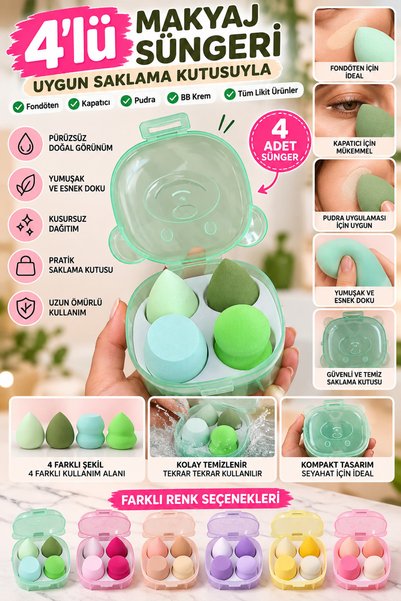 BİYUTREND Plastik Kutulu 4’lü Makyaj Süngeri Seti – Fondöten, Kapatıcı, Pudra...