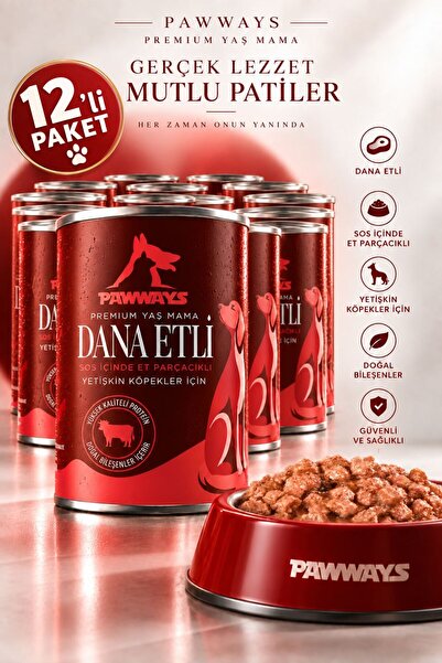 PAWWAYS Sos İçinde Et Parçacıklı Köpek Konservesi Dana Etli 400 gr X 12 ADET