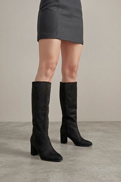 Zerenyus Roksa Premium Pointed Toe Heeled Black Suede Boots