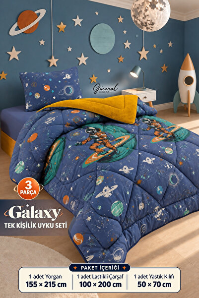 Güvenal GALAXY | Uzay Desenli Wellsoft Çift Taraflı Tek Kişilik Lastikli Çarş...