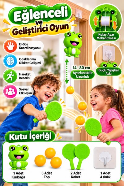 TEKORA Kapı Tenisi Kurbağa Asılı Pinpon Seti 2 Raket 3 Top Ayarlanabilir Çocu...