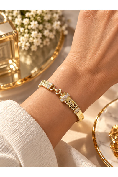 İNİTİUM Premium Paslanmaz Çelik Zirkon Taşlı Kapanış Detaylı Kare Motif Gold ...