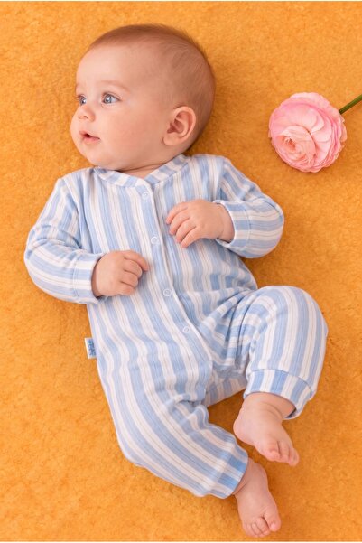 Rocha Baby Mavi Çizgili Fitilli Çıtçıtlı Uzun Kollu Bebek Tulum