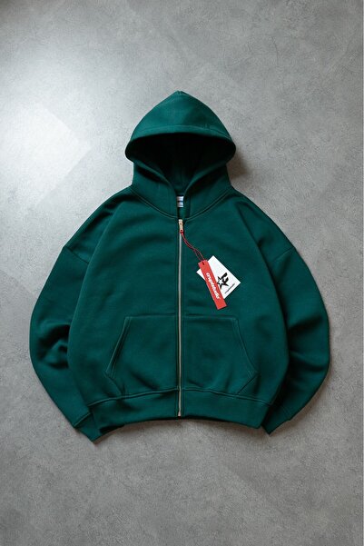 Crupt Studio Yeşil Boxy Crop Erkek Ceket Zip Hoodie