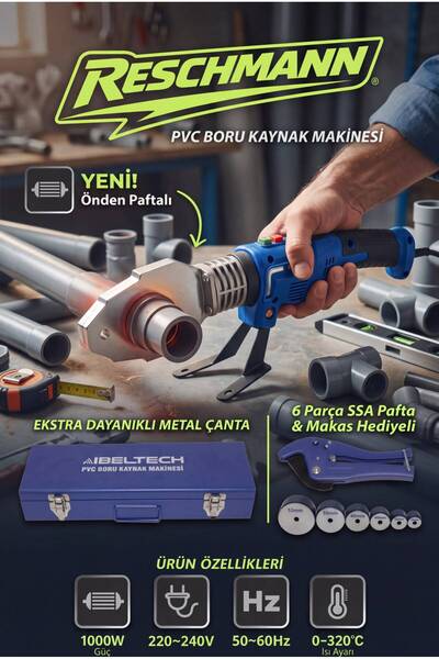 R-İBL-DBK02 DİJİTAL PVC BORU KAYNAK MAKİNESİ MAKAS HEDİYELİ 1000W TERMOSTATLI 6 PARÇA PAFTA