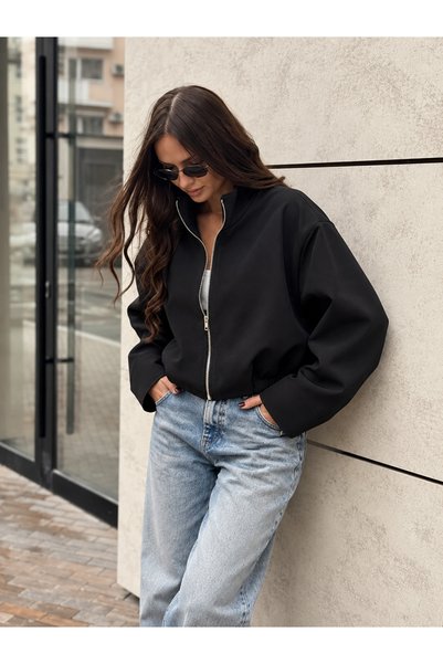 CrepTekstil سترة نسائية سوداء بياقة عالية وسحاب أمامي وقماش مزدوج وحزام خصر مطاطي