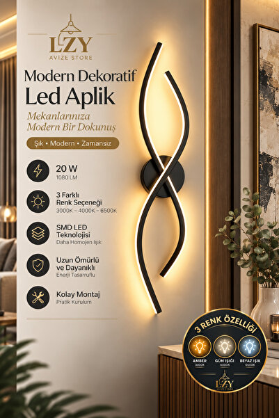 Lzy Avize Store Curve Led Duvar Aplik - 3 Kademeli Renk Değiştiren Salon Antr...